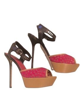 SERGIO ROSSI PLATFORM STILETTO PONY HAIR HEELS PINK BROWN TAN EU SIZE 38 US 7.5
